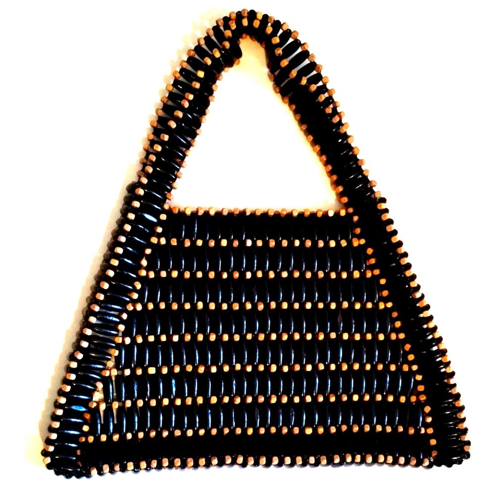 Anthropologie NEW Black & Tan Wooden Beaded Slouchy Handbag Open Weave Purse